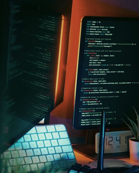 Multi-monitor developer workstation displaying source code